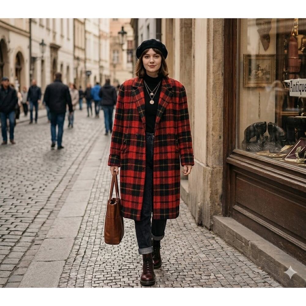 Portrait Vintage Red Black Plaid Wool Duster Coat Goth Grunge Academic Large